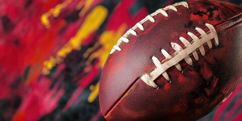 A detailed view of a football sitting on a table, ready for play or display