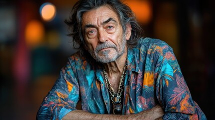Fototapeta premium Portrait of a Mature Man with Gray Hair and Colorful Shirt