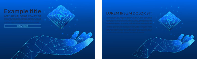 Abstract digital AI chip between electric blue technology wireframe palms. Artificial intelligence technology background. Low poly wireframe vector illustration.