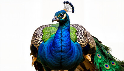 Obraz premium Vibrant peacock displaying stunning feathers against white backdrop, beauty