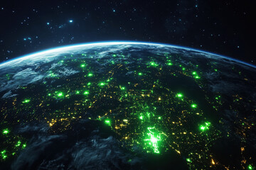 Obraz premium Transforming Earth at night with renewable energy and sustainable cities glowing in green lights