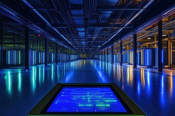 Fototapeta premium Endless rows of servers featuring blue and green LED lights in a high-tech setting