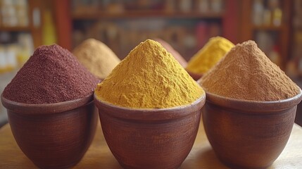 Vibrant Spices in Earthen Bowls: A Culinary Delight
