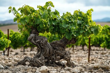 Fototapeta premium Old Grapevine with Gnarled Trunk and Green Leaves in a Vineyard