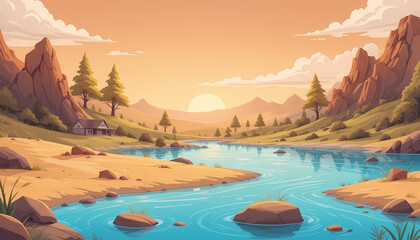 A sand desert landscape with water, river, lake, mountains, sky, sun, and hot background for animation.