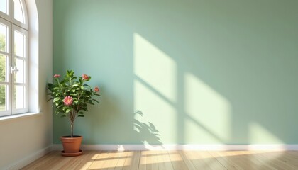 Inviting Pastel Green Room with Arched Window and Warm Sunlight