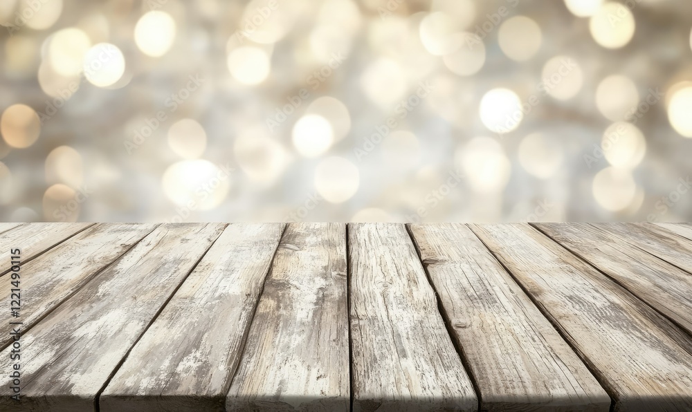 Aufkleber a weathered wooden table surface against a blurred background of soft golden bokeh lights, evoking a