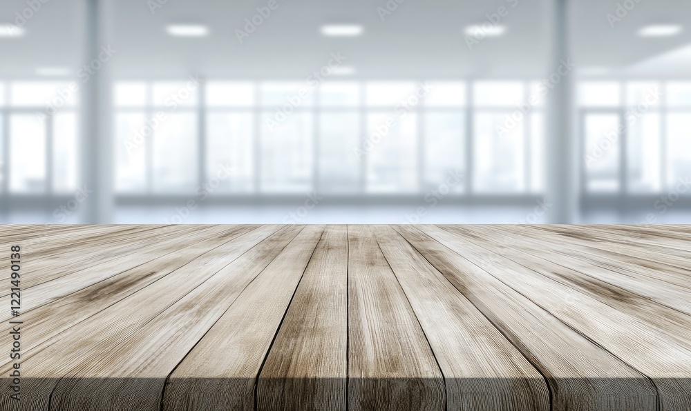Poster a polished wooden table top set against a blurred modern office background with large windows and so