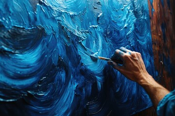 An artist's hand skillfully applies vibrant blue oil paint to a canvas, creating a dynamic,...