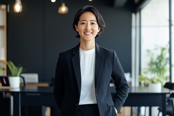 Woman wearing a black suit standing in a black office, confident expression