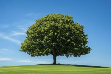 Fototapeta premium Lone tree in lush green with a vibrant blue sky backdrop