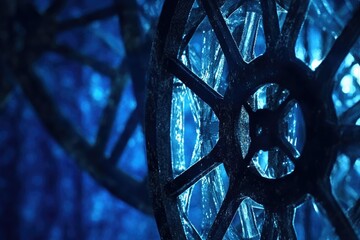 Close-up of a dark, intricate wheel-like structure illuminated with a cool blue light, creating a captivating abstract image.