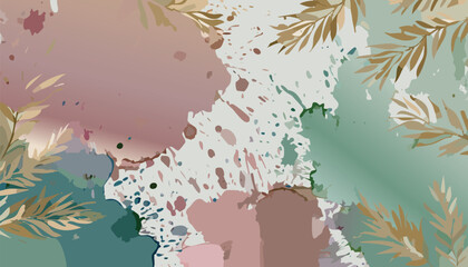 Obraz premium Abstract pastel watercolor background, with lines, splash geometric, liquid gold, luxury wallpaper for posters, banners, stone texture. Botanical design with leaves, floral wallpaper