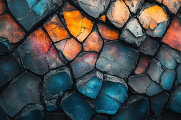 Abstract close-up of a cracked, multicolored stone surface with varying shades of blues, oranges, and grays.