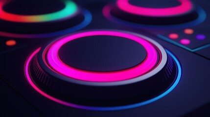 Obraz premium A close-up of a colorful, illuminated control knob, typically found on electronic devices, showcasing vibrant pink and blue lighting.