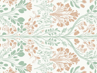 Graphic illustration wallpaper, fine drawing with green and brown ornaments.