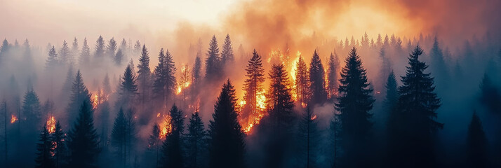 Obraz premium Forest Fire Inferno: A Dramatic Aerial View of Burning Coniferous Trees