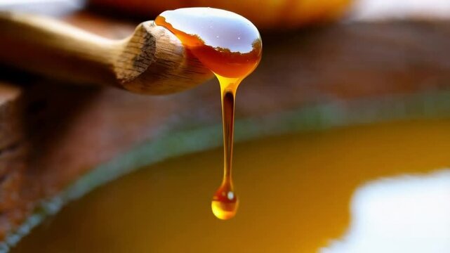 Drop of Natural Honey Dripping in Slow Motion