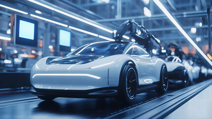 Sunlit industrial robotics automated car manufacturing industry factory. Robotic industrial arm welding car manufacturing industrial plant. Vehicle frame assembly line