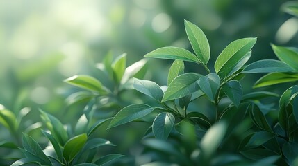 Obraz premium Lush green leaves, sunlight, garden, bokeh, nature backdrop
