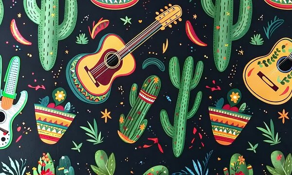 pattern Cinco de Mayo, watercolor drawing, guitar, cactus with flowers, black background
