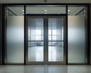 Fototapeta premium Modern frosted glass double doors in a contemporary office building.