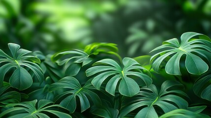 Lush jungle foliage, vibrant green leaves, sunlight dappled background, nature backdrop