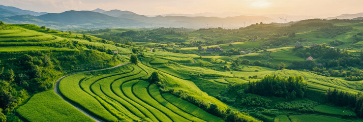 Serene Green Hills at Sunset: An Aerial View of Rolling Terraced Fields and Wind Turbines