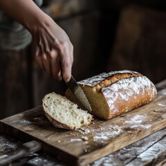 A hand is shown slicing a crusty loaf of bread, with flour dusted on a rustic wooden board, evoking a sense of homemade simplicity and warmth.