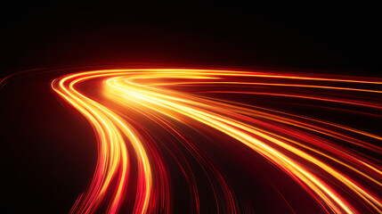 Luminous fast lines blur street motion, light trail curves flare. Abstract wavy yellow lights. Race track traffic light curves. Car streaks transition stress curves. 