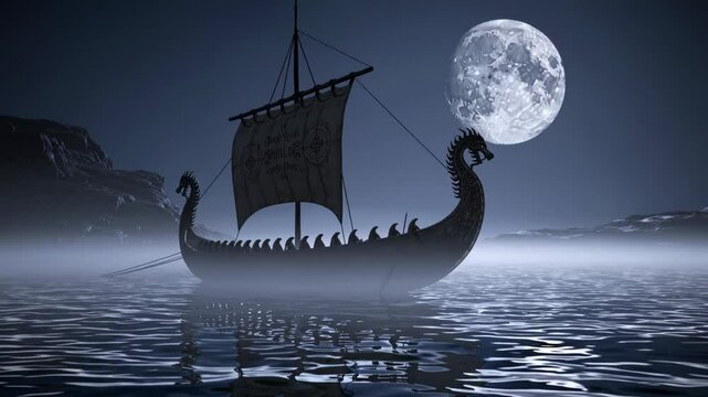 Viking longship sailing under full moon. Mysterious nordic scene with dragon-headed vessel on misty waters. Ancient seafaring and mythology concept