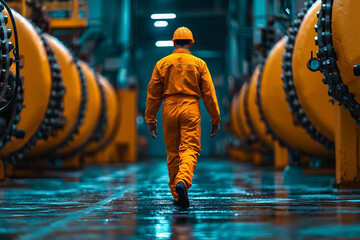 Worker in safety gear walking through industrial facility with large yellow tanks in low lighting