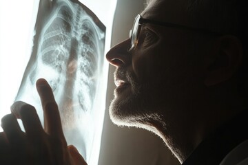 A doctor carefully examines a chest X-ray, scrutinizing the image for any abnormalities.