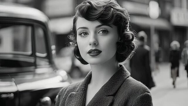 A woman with elegant curls stands confidently on a bustling city street, showcasing timeless fashion from the 1940s era in black and white