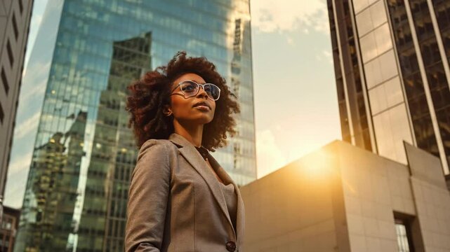 Wealthy rich successful black businesswoman standing in big city modern skyscrapers street on sunset thinking of successful vision, dreaming of new investment opportunities