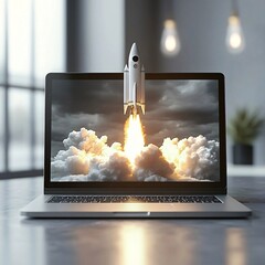 A rocket launching out of a laptop screen, with fiery exhaust and billowing clouds, symbolizing innovation, technology, and startup success