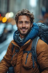 Fototapeta premium A person walking down a city street carrying a backpack, perfect for use in travel, adventure, or urban lifestyle images