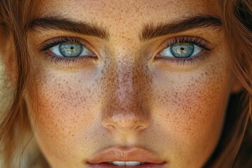 Fototapeta premium A close-up shot of a woman's face with visible freckles, suitable for use in beauty or lifestyle imagery