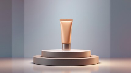 Brown podium for presentation products and tube on grey background 