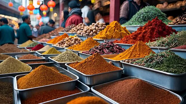Vibrant Spice Market with Colorful Piles of Spices in Trays and People Shopping in the Background

