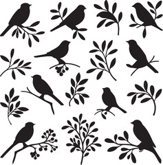 Collection of Bird Silhouettes in Various Poses with Branches and Leaves – Elegant Minimalist Design