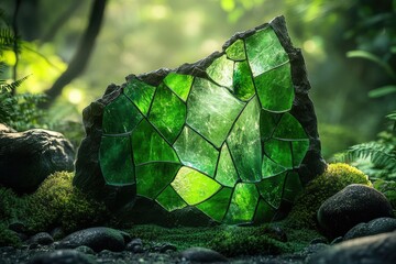 A mystical green glass mosaic embedded in a dark rock, nestled amidst lush moss and stones in a serene forest setting.