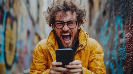 Frustrated mobile user yelling at phone due to technical difficulties and connectivity issues