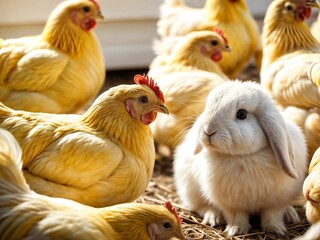 A fluffy white rabbit with drooping ears sits among golden chickens with red scallops on a straw-covered floor, capturing a peaceful moment of rural life.