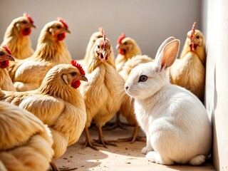 A curious white rabbit sits among a group of golden chickens with red combs, creating a lively and contrasting scene of farm animals in natural light.