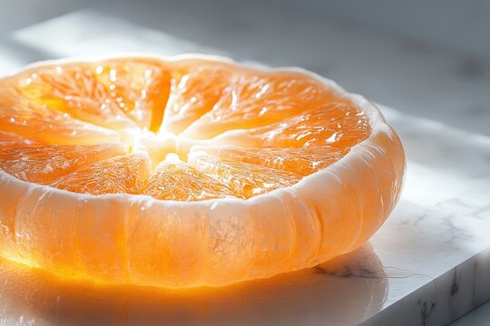 A backlit grapefruit slice reveals its juicy segments and textured rind, a vibrant citrus masterpiece.
