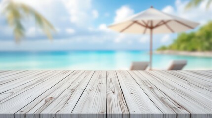 Obraz premium Wooden table top and ocean background