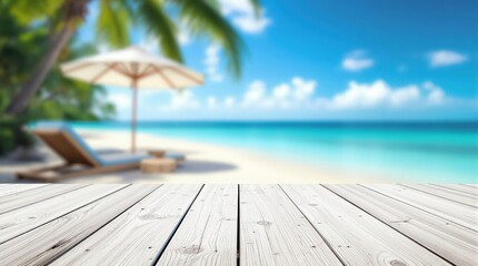 Fototapeta premium Wooden table top and ocean background