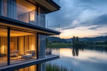 Fototapeta premium Tranquil lake hotel with stylish balconies and serene surroundings