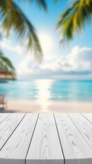 Obraz premium Wooden table top and ocean background